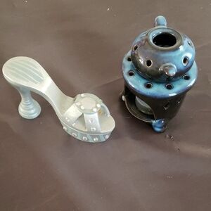 Vintage Blue Ceramic Incense Burner & Decorative Silver Shoe Accent Opens
